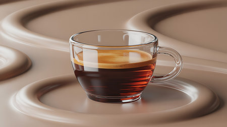 A glass cup of rich espresso with crema on a textured surfaceの素材