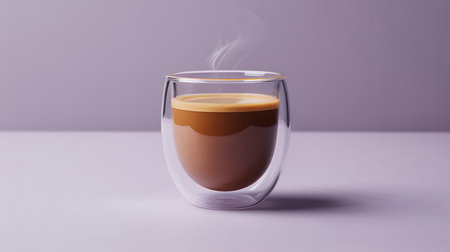Warm espresso drink in a modern clear glass mug with steam.の素材