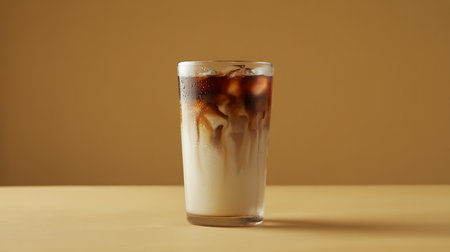 Cool, layered iced latte with milk swirls against a warm backdrop.の素材