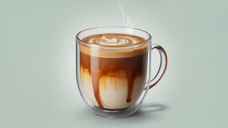 Hot layered caramel coffee with artistic latte art and steam.の素材