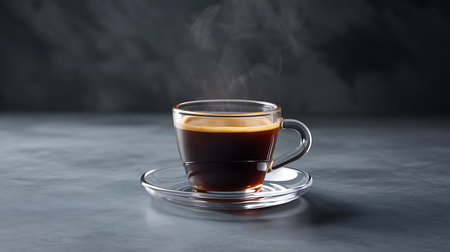 Freshly brewed espresso with steam rising on a textured table.の素材