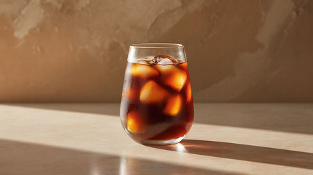 Refreshing iced coffee with ice in glass on table with sunlight.の素材