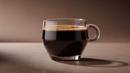 Aromatic black coffee with golden foam in a clear glass cup.の素材