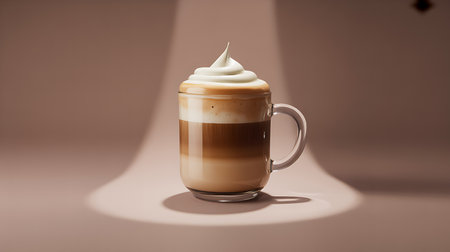 Warm layered coffee with whipped topping in clear mug, studio.の素材