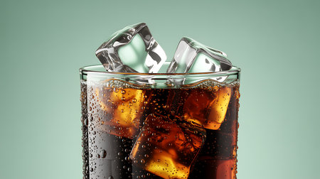Close up of fizzy cold cola beverage in glass with ice and bubblesの素材