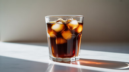 Cooling dark beverage with ice in a glass, casting shadows.の素材
