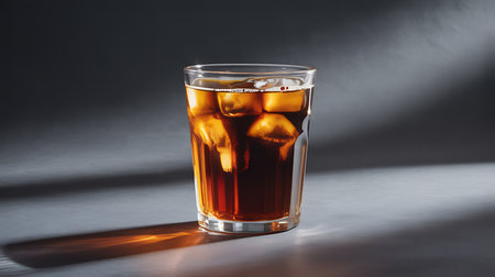 A refreshing cold beverage in a glass with ice cubes, studio image.の素材