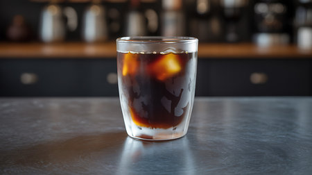 A refreshing glass of iced coffee with ice cubes on a table.の素材