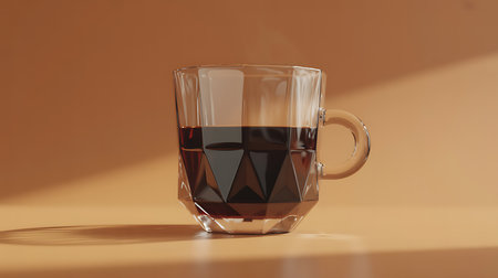 A close-up of a modern faceted glass mug filled with dark coffeeの素材