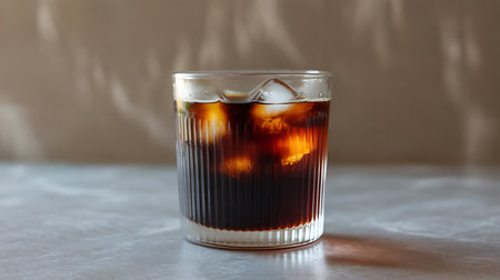 A cool glass of iced coffee with ice cubes on a light surface.の素材
