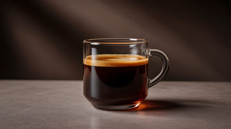 Freshly brewed black coffee in a clear mug with golden crema.の素材