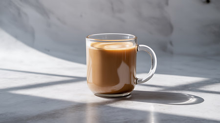 A clear glass mug with milky coffee on light marble background.の素材