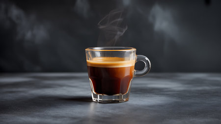 A freshly brewed single espresso shot with steam rising from it.の素材