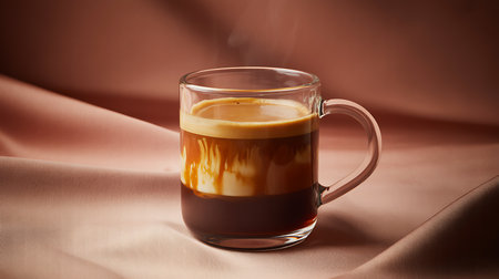 Hot coffee with creamy layers and steam in a clear glass mugの素材