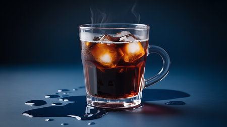 A refreshing glass of cold dark beverage with ice and steam.の素材