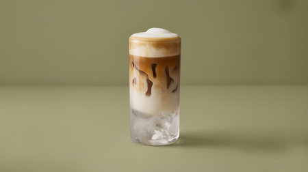 Cooling iced coffee drink with creamy milk layers and foam.の素材