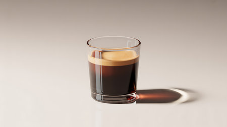 A freshly brewed espresso coffee with crema in a small glassの素材