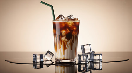 Refreshing iced coffee with milk swirls, ice, and green strawの素材