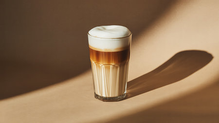 A tall glass of layered coffee with foam, capturing morning light.の素材