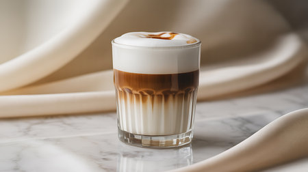 Perfectly layered coffee drink on elegant marble with soft fabric.の素材