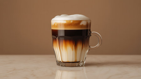 Refreshing layered coffee beverage with milk and creamy foamの素材