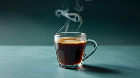 Hot steaming espresso in clear glass cup on a teal backgroundの素材