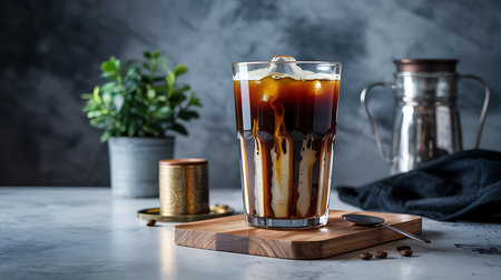 Refreshing iced coffee with milk swirl on rustic wooden board.の素材