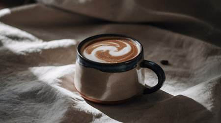 Rustic ceramic mug of latte coffee with foam art on textured fabricの素材