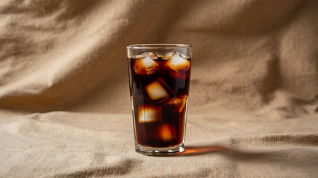 Cool refreshing glass of iced coffee with ice cubes on textileの素材