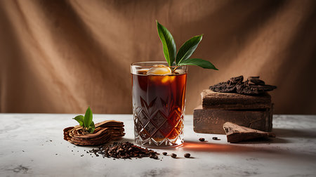 Iced beverage with green leaves and natural wood bark piecesの素材