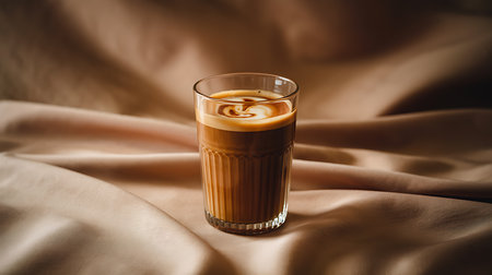 Rich creamy latte coffee with artistic swirl on soft fabricの素材