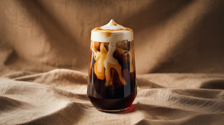Cold brew coffee with creamy topping on textured brown fabric backgroundの素材