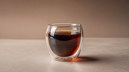 Clear double wall glass cup with rich dark coffee beverageの素材
