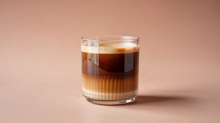 Refreshing layered coffee with milk and foam in a ribbed glassの素材