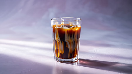 Refreshing iced coffee with milk swirl and ice in a clear glassの素材