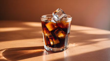 Cold brew coffee with ice in glass, sunlit, refreshing drink.の素材