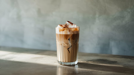 Refreshing iced coffee with cream and cocoa powder on a tableの素材