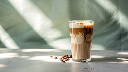 Refreshing layered iced coffee drink with beans and natural lightの素材