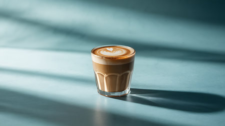 Coffee drink with heart latte art in glass cup on blue tableの素材