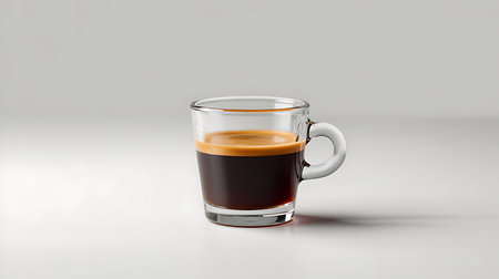 Freshly brewed hot espresso coffee in a clear glass cup studioの素材