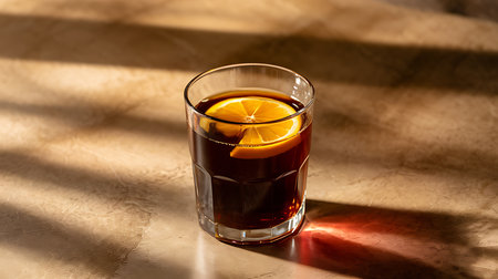 Classic dark drink with an orange slice on a textured surfaceの素材