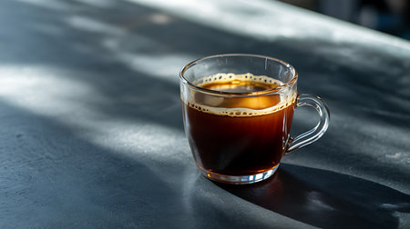 Clear glass mug with hot fresh black coffee on dark tableの素材