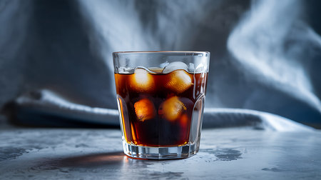 Refreshing dark drink with ice cubes in a glass on a textured tableの素材