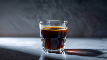 Close up of steaming hot black coffee in a clear glass on tableの素材