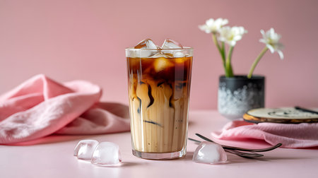 Cold iced coffee drink with milk and ice cubes on pink backgroundの素材