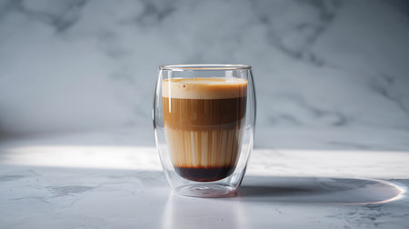 Layered coffee drink with foamed milk in a transparent glassの素材