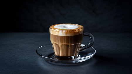 Hot delicious cappuccino with foamy milk in a clear glass cupの素材