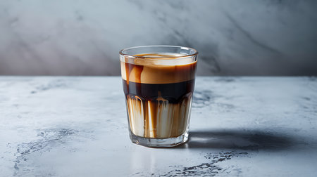 Layered coffee drink in glass with rich espresso and creamy milkの素材