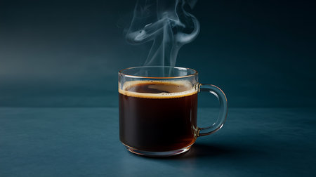 Steaming hot black coffee in glass mug on tranquil blue backgroundの素材