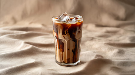 Iced coffee drink with milk and ice on a light beige fabric background.の素材